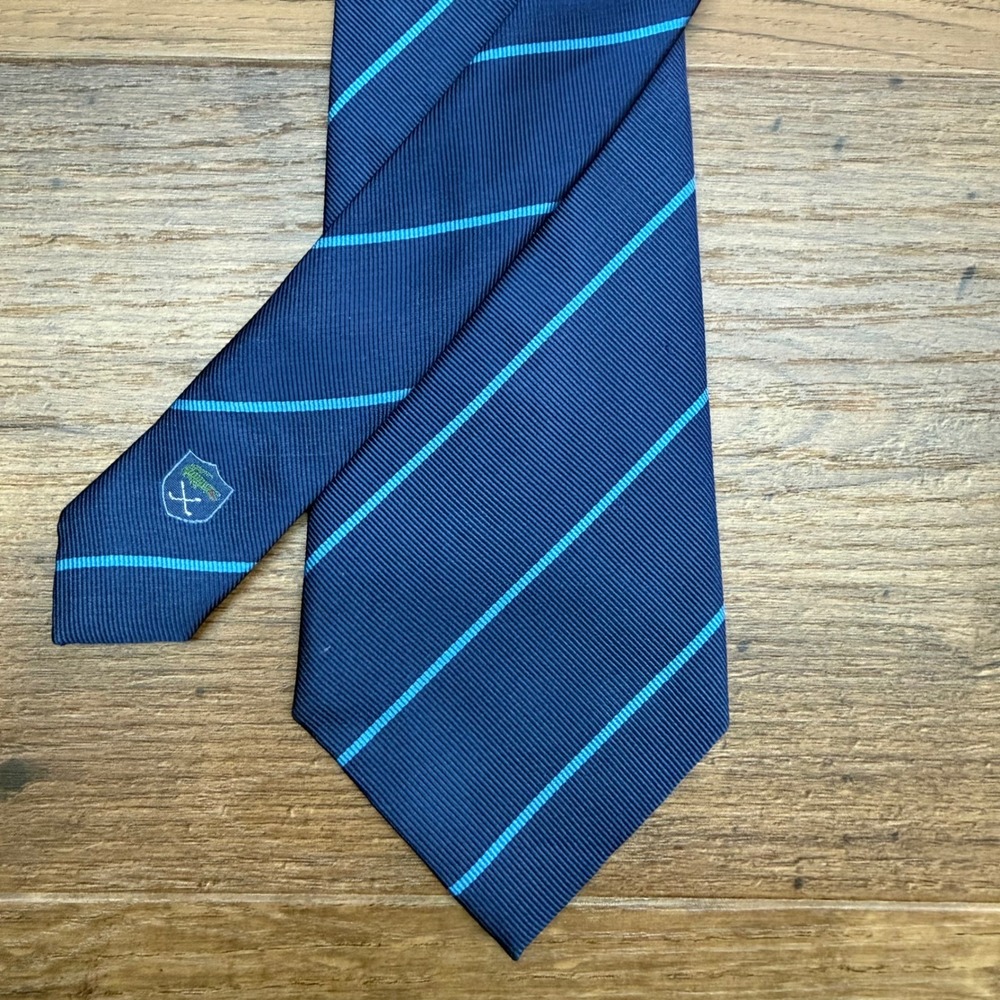 Lacoste Mens Necktie Navy Blue Striped Silk Golf Academia‎ Professional Preppy